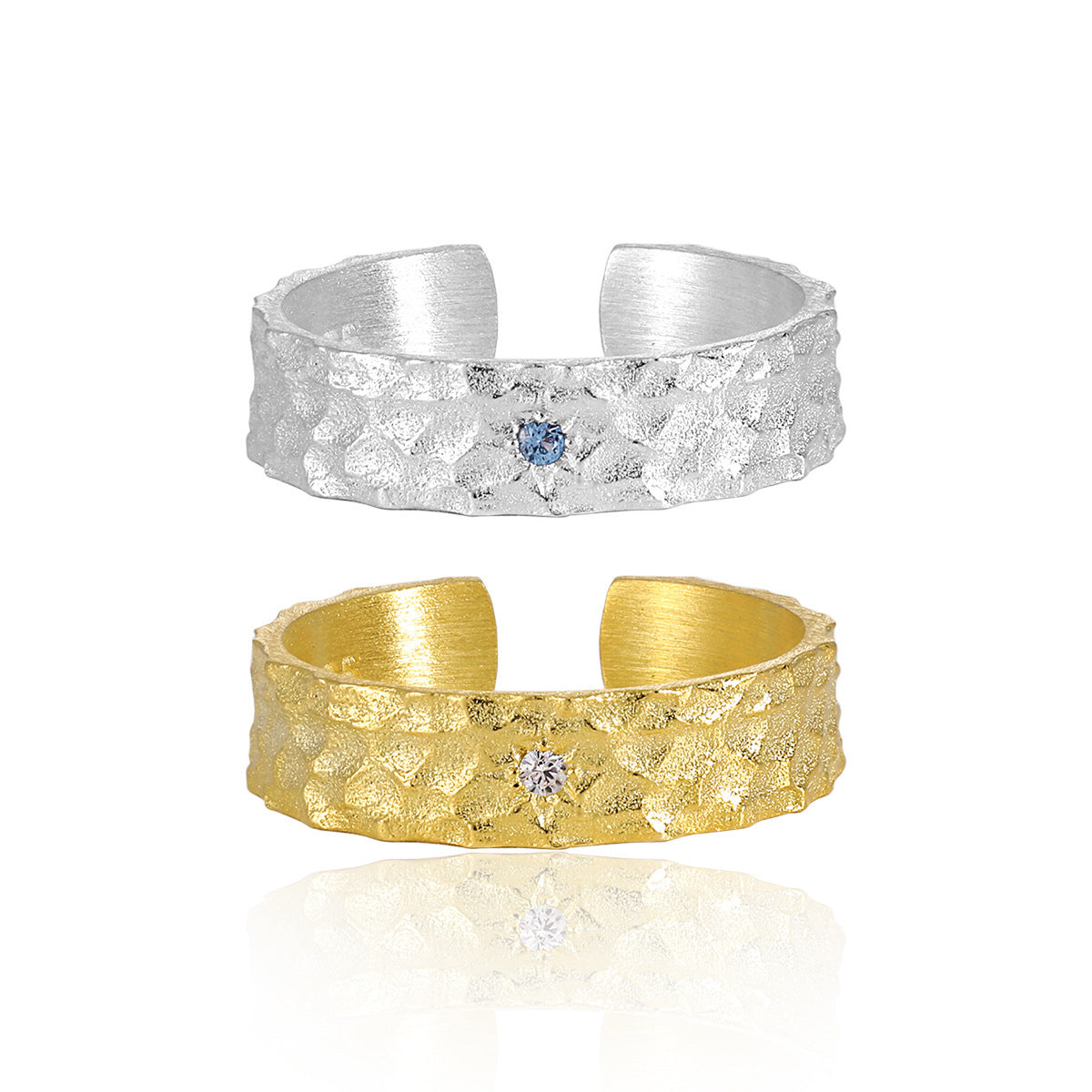 Brushed Finish in 925 Sterling Silver Jewelry Hammered Texture Adjustable Cubic Zirconia Ring