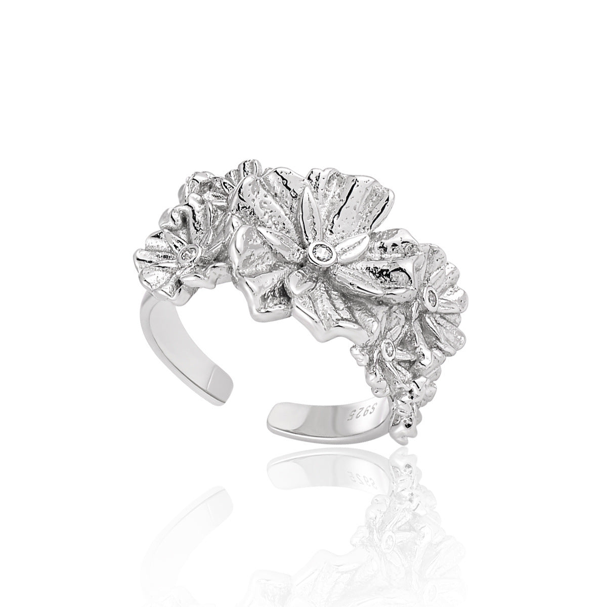Women Beautiful CZ Flowers 925 Sterling Silver Adjustable Ring