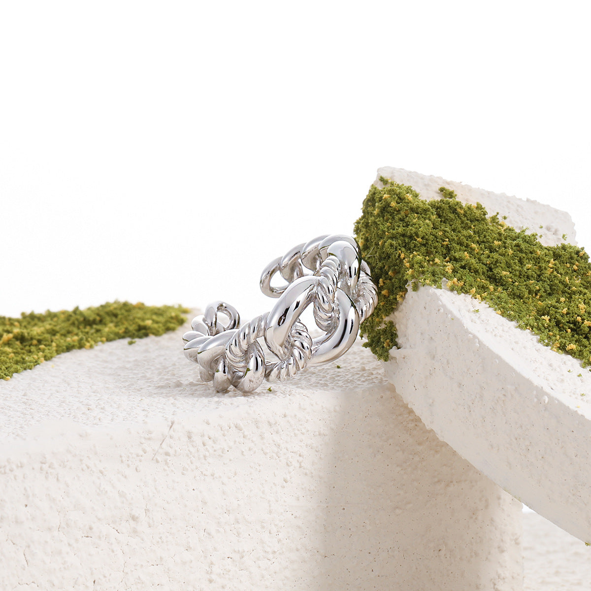 Fashion Hollow Twisted Curb Chain 925 Sterling Silver Adjustable Ring