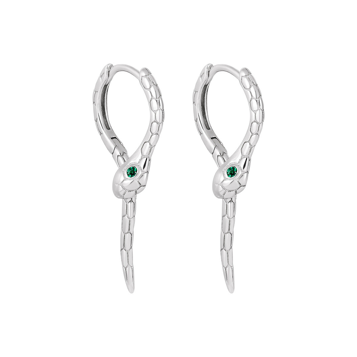 Modern Animal Gree CZ Eye Snake 925 Sterling Silver Leverback Dangling Earrings