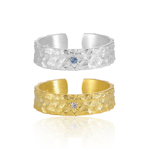 Brushed Finish in 925 Sterling Silver Jewelry Hammered Texture Adjustable Cubic Zirconia Ring