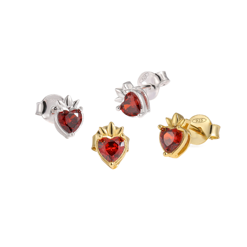 Beautiful Red CZ Heart Crown 925 Sterling Silver Stud Earrings