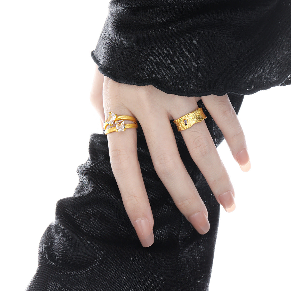 Fashion Irregular Wave Mini Baguette CZ 925 Sterling Silver Adjustable Ring