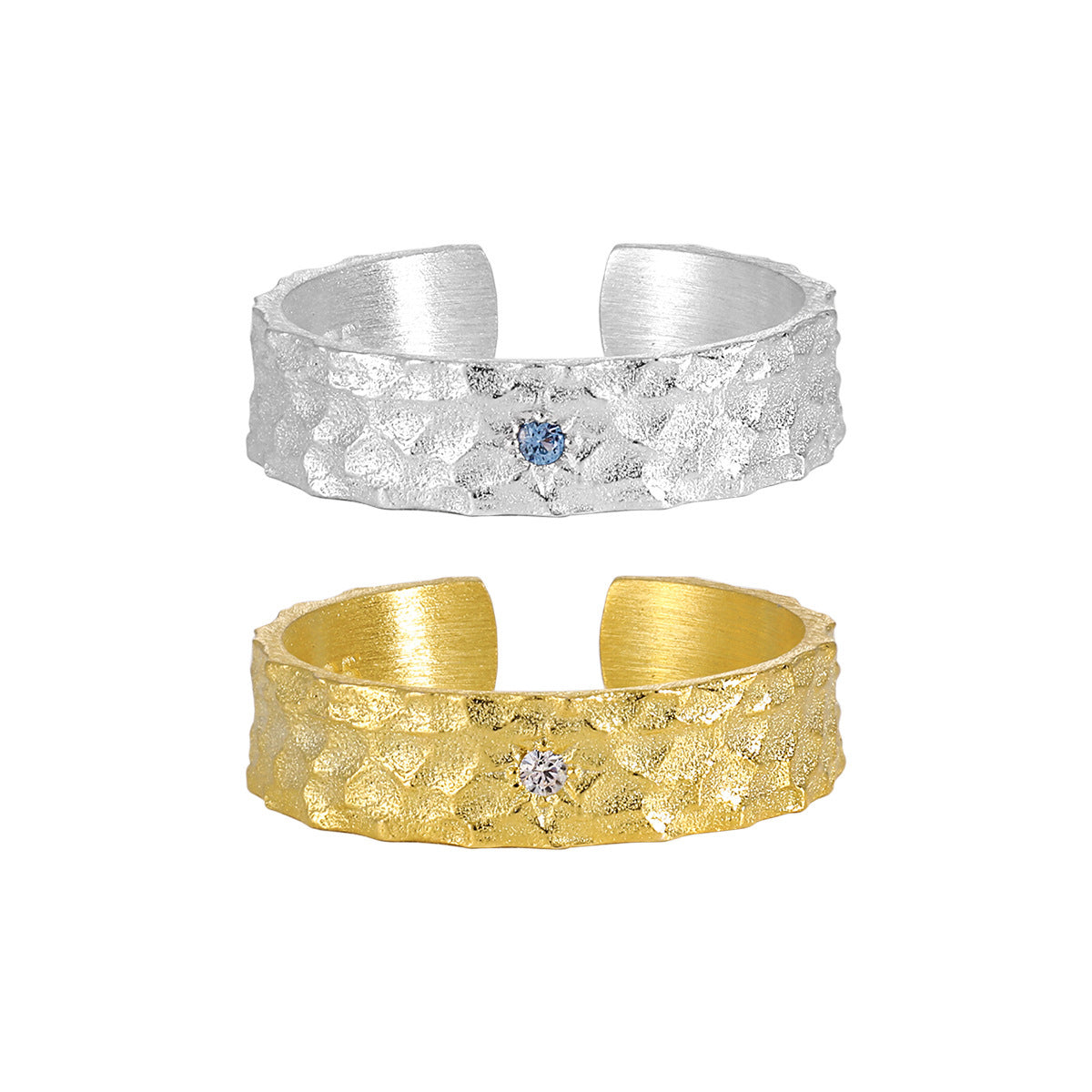 Brushed Finish in 925 Sterling Silver Jewelry Hammered Texture Adjustable Cubic Zirconia Ring