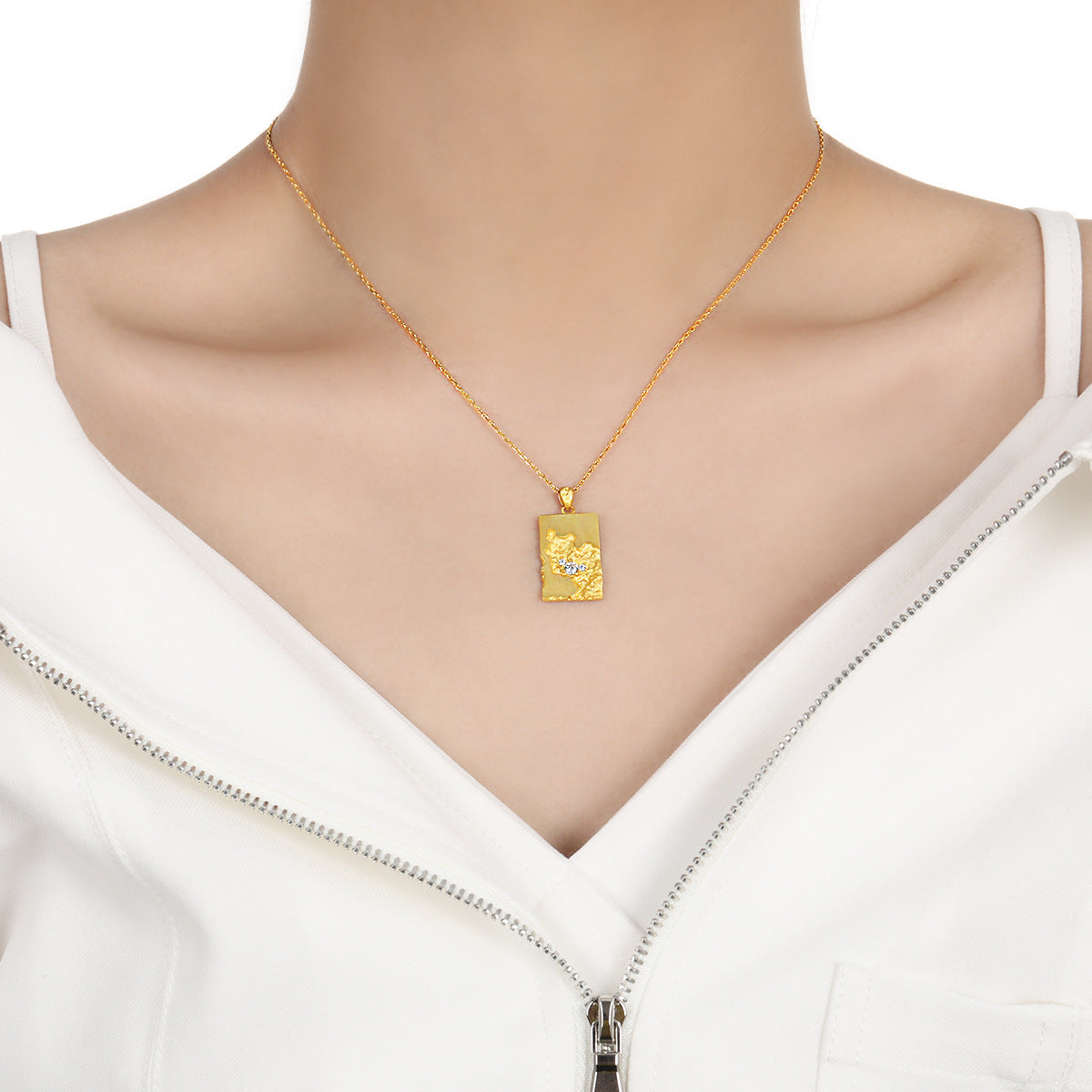 Unique Geometric Design Cubic Zirconia Textured Silver 925 Sterling Silver Pendant Necklace