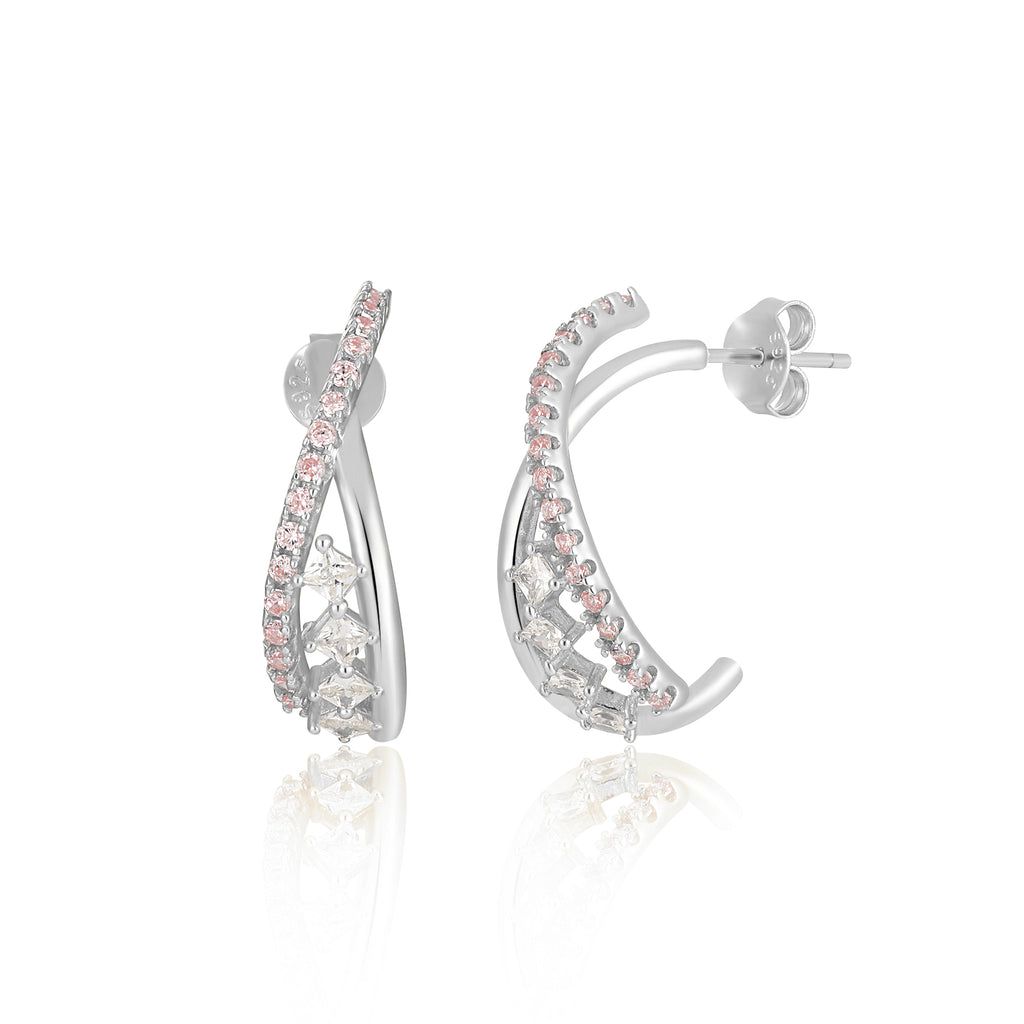 Fashion Rhombus Round CZ Irregular Cross 925 Sterling Silver Hoop Earrings