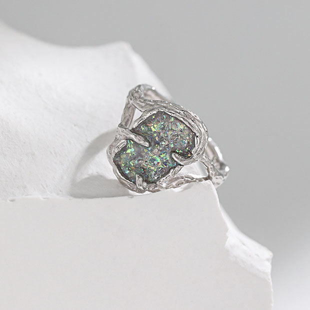 Fashion Irregular Epoxy Shining Lake Tree Branch 925 Sterling Silver Adjustable Ring