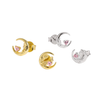 Fashion Pink Heart CZ Portrait Crescent Moon 925 Sterling Silver Stud Earrings