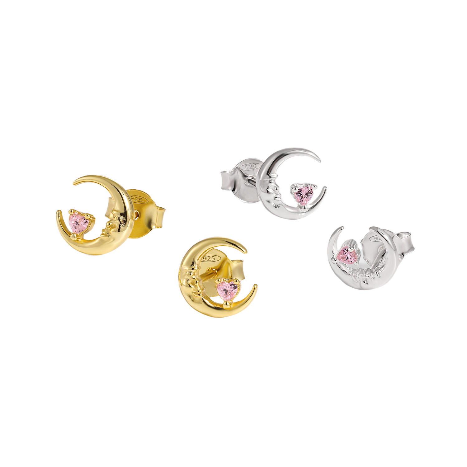 Fashion Pink Heart CZ Portrait Crescent Moon 925 Sterling Silver Stud Earrings
