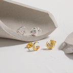 Fashion Pink Heart CZ Portrait Crescent Moon 925 Sterling Silver Stud Earrings