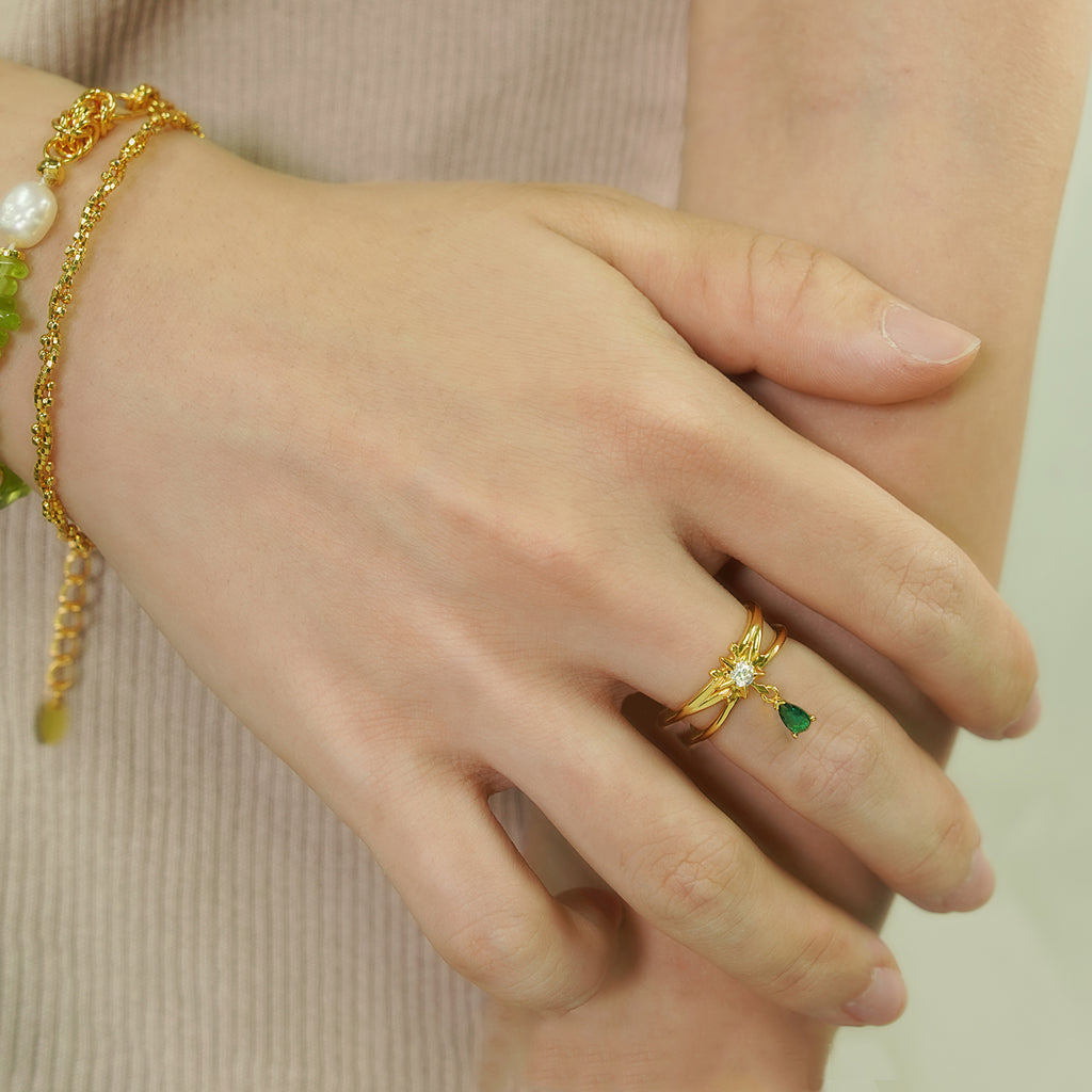 Elegant Double Layers Waterdrop CZ Drops 925 Sterling Silver Adjustable Ring