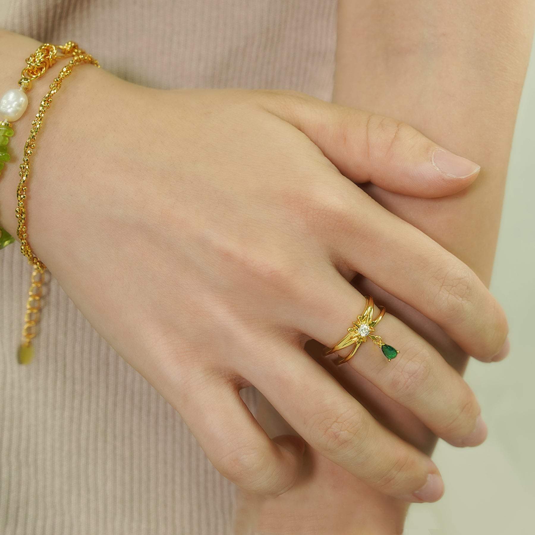 Elegant Double Layers Waterdrop CZ Drops 925 Sterling Silver Adjustable Ring