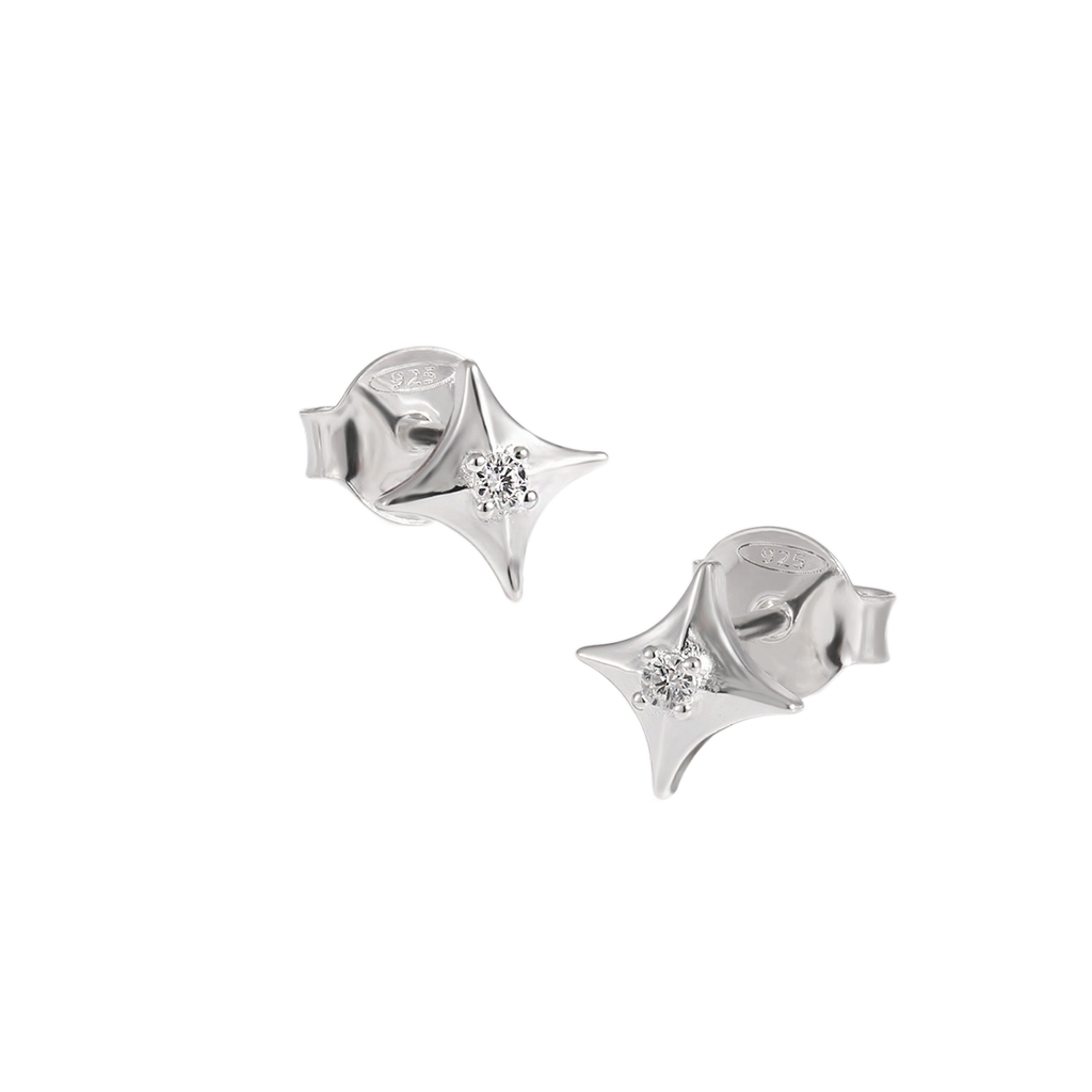 Office Shining CZ Four Pointed Star 925 Sterling Silver Stud Earrings