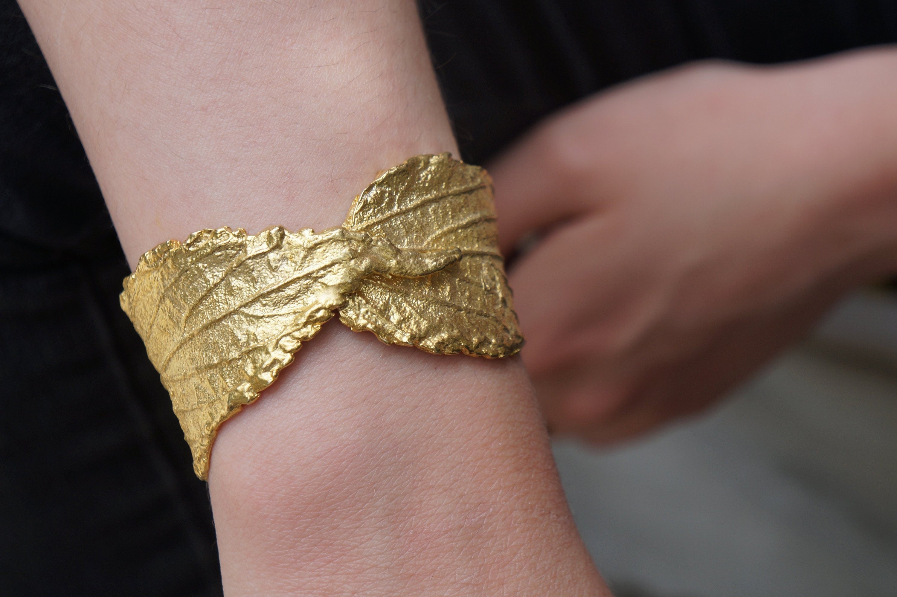 Gold Hibiscus Bracelet, Gold-Plated Sterling Silver Jewelry, Hibiscus Leaf Cuff, Gift for Her, Birthday Gift for Women, Handmade Jewelry-0