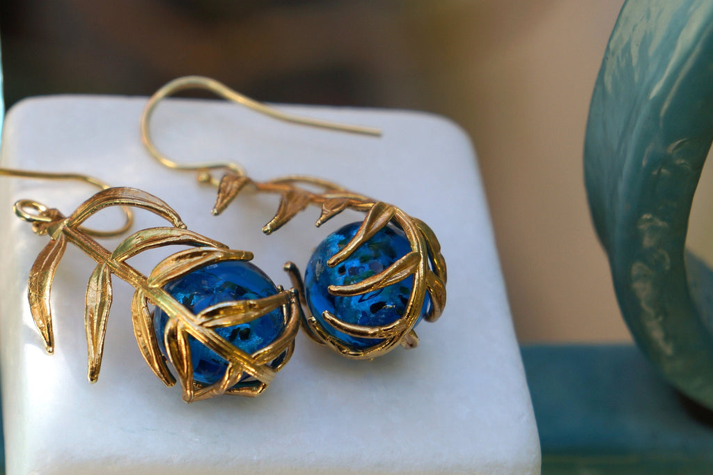 Araucaria Leaf Earrings, Gold-Plated Sterling Silver with Blue Murano Glass, Gift for Her, Birthday Gift for Women, Handmade Jewelry-3