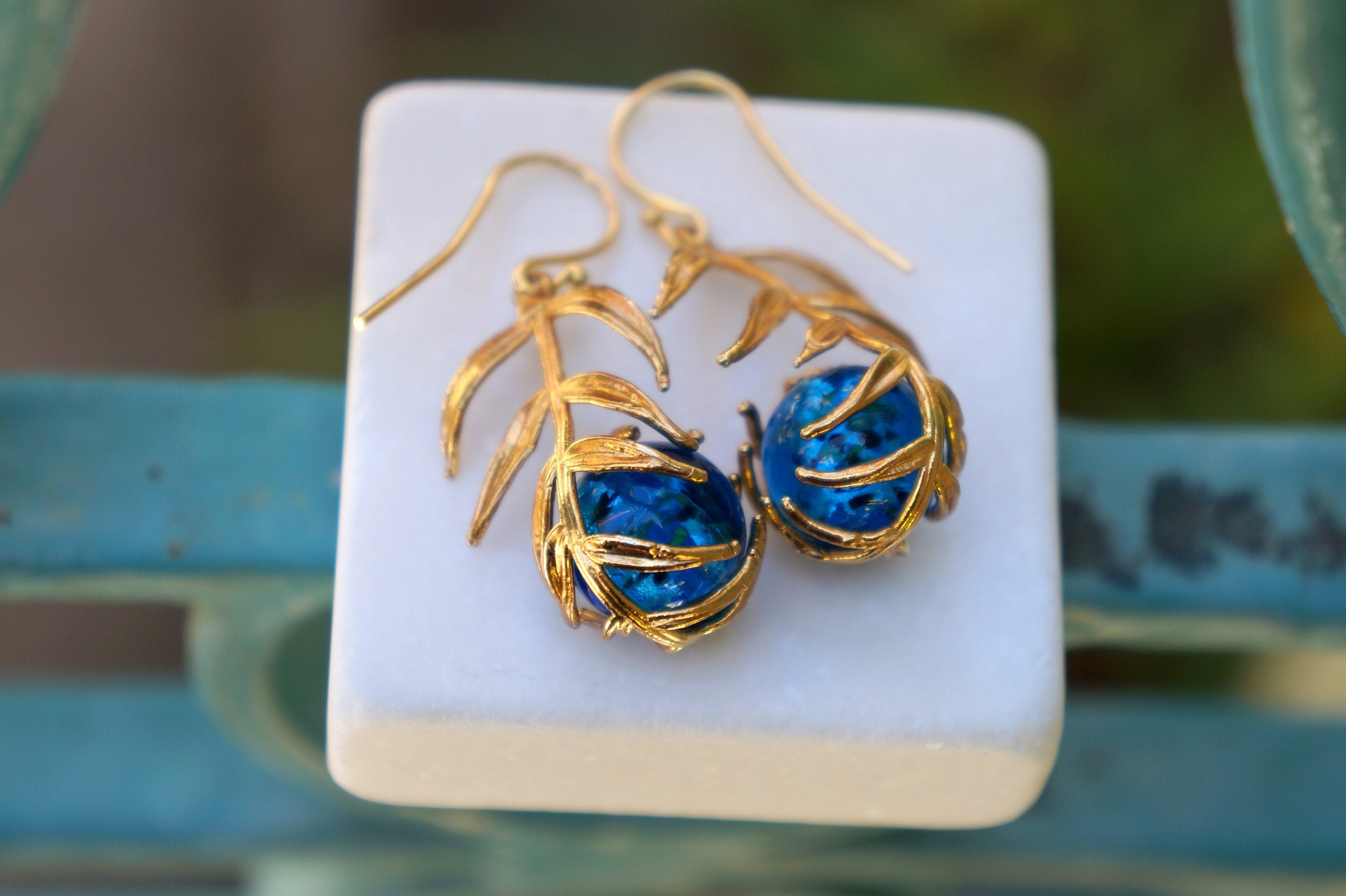 Araucaria Leaf Earrings, Gold-Plated Sterling Silver with Blue Murano Glass, Gift for Her, Birthday Gift for Women, Handmade Jewelry-4