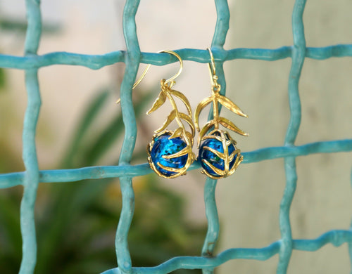 Araucaria Leaf Earrings, Gold-Plated Sterling Silver with Blue Murano Glass, Gift for Her, Birthday Gift for Women, Handmade Jewelry-1