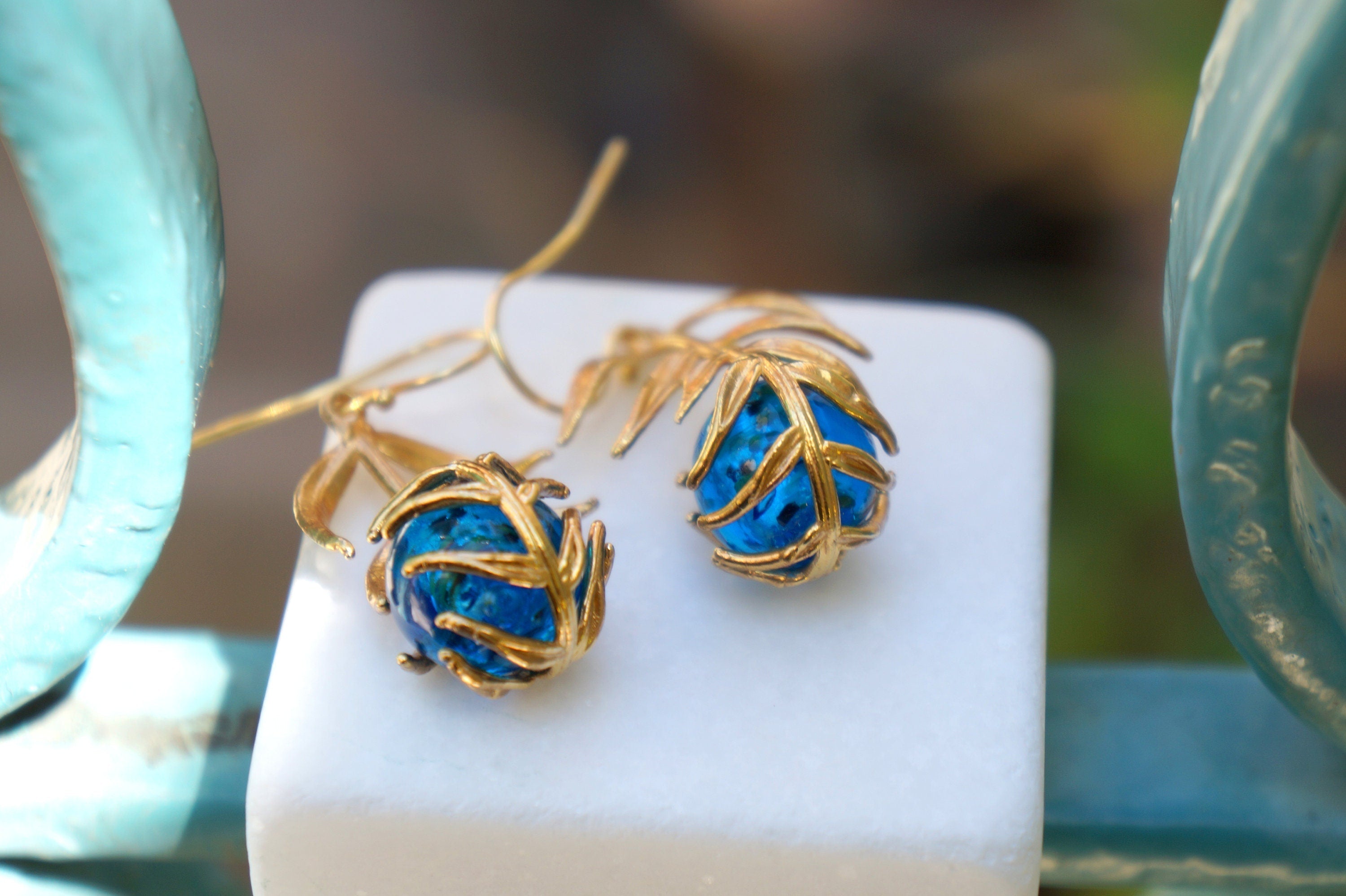 Araucaria Leaf Earrings, Gold-Plated Sterling Silver with Blue Murano Glass, Gift for Her, Birthday Gift for Women, Handmade Jewelry-2