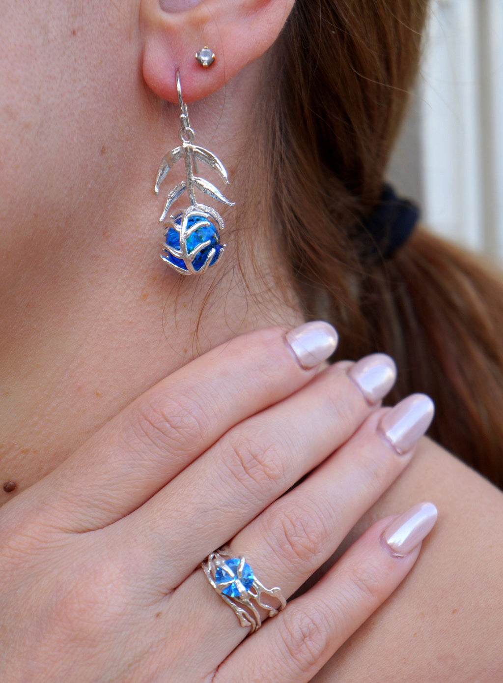 Nature-Inspired Turquoise Earrings, Araucaria Leaf (Sterling Silver)-0