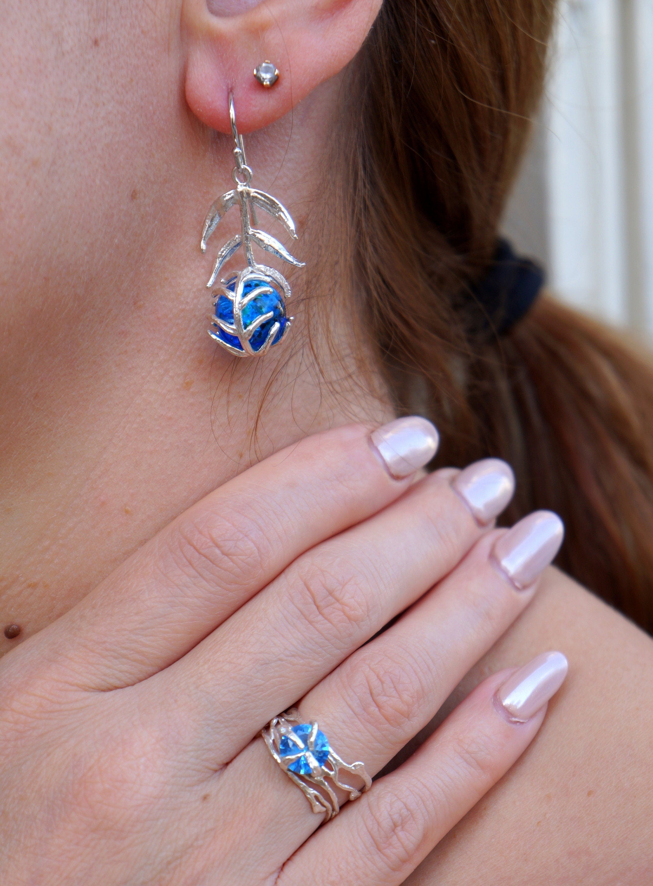 Nature-Inspired Turquoise Earrings, Araucaria Leaf (Sterling Silver)-0