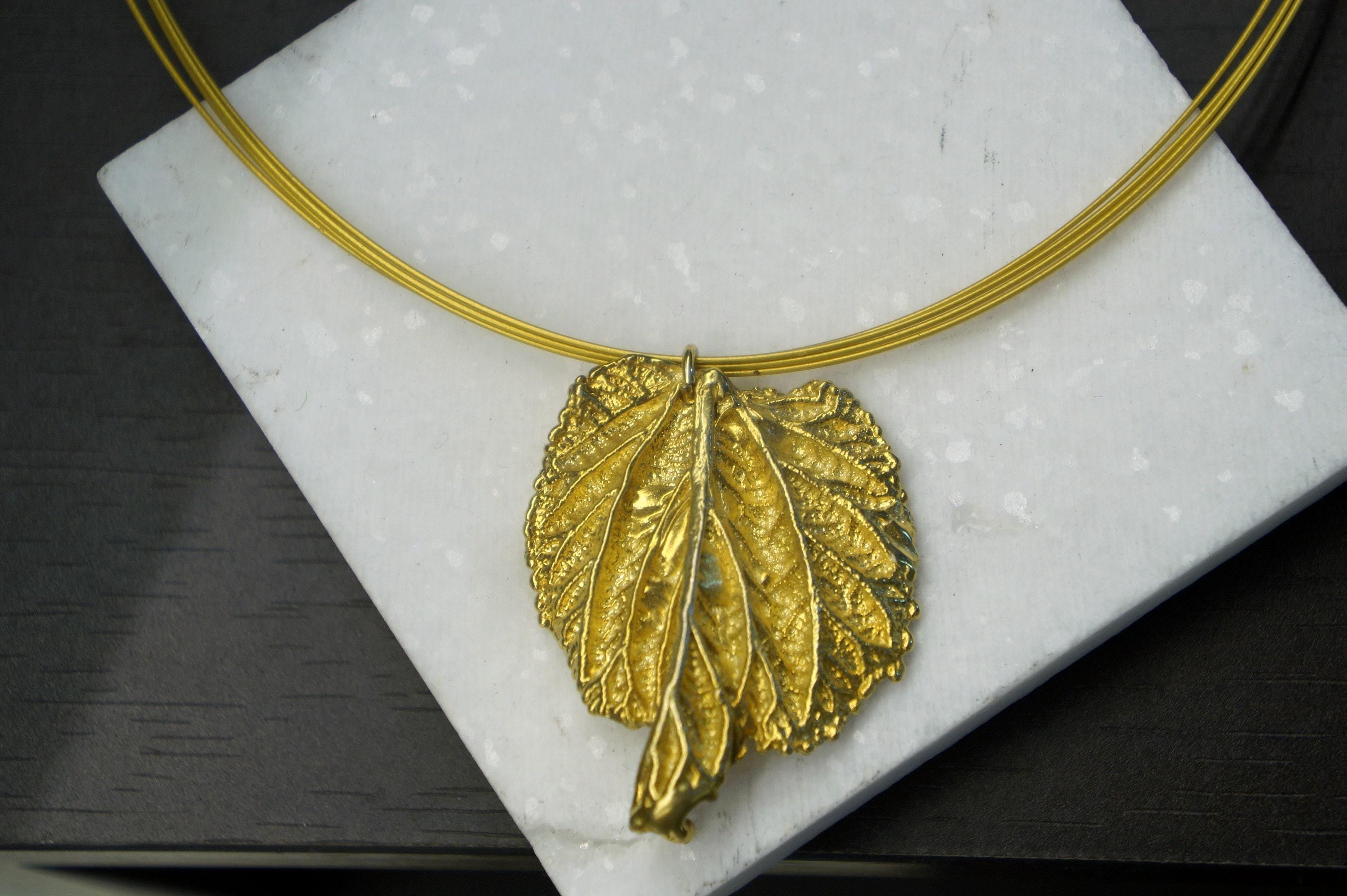 Boho Gold-Plated Brass Necklace: Real Mulberry Leaf, Nature Inspired-2