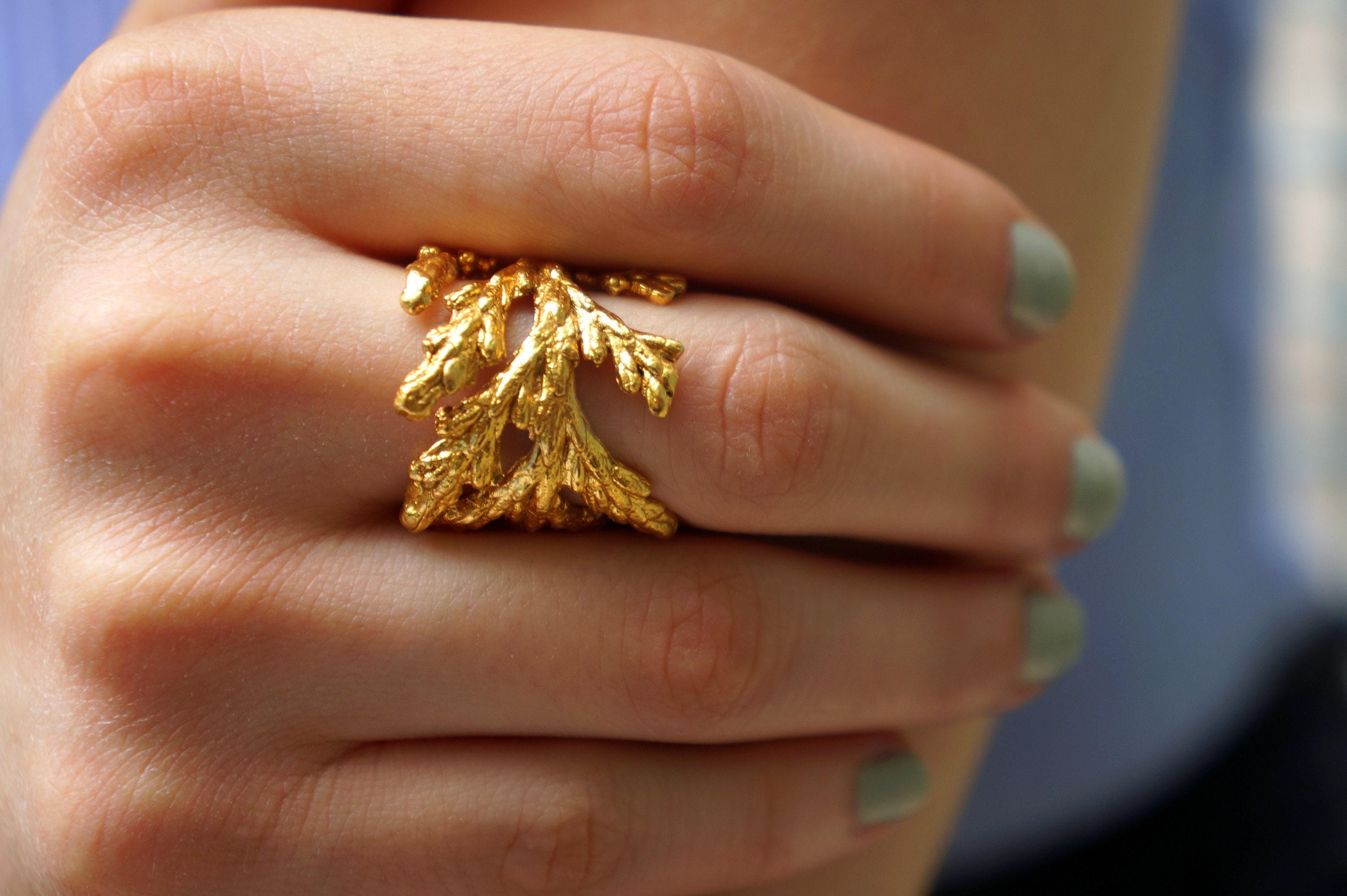 Juniper Leaf Ring: Gold-Plated Brass, Nature-Inspired Statement-3