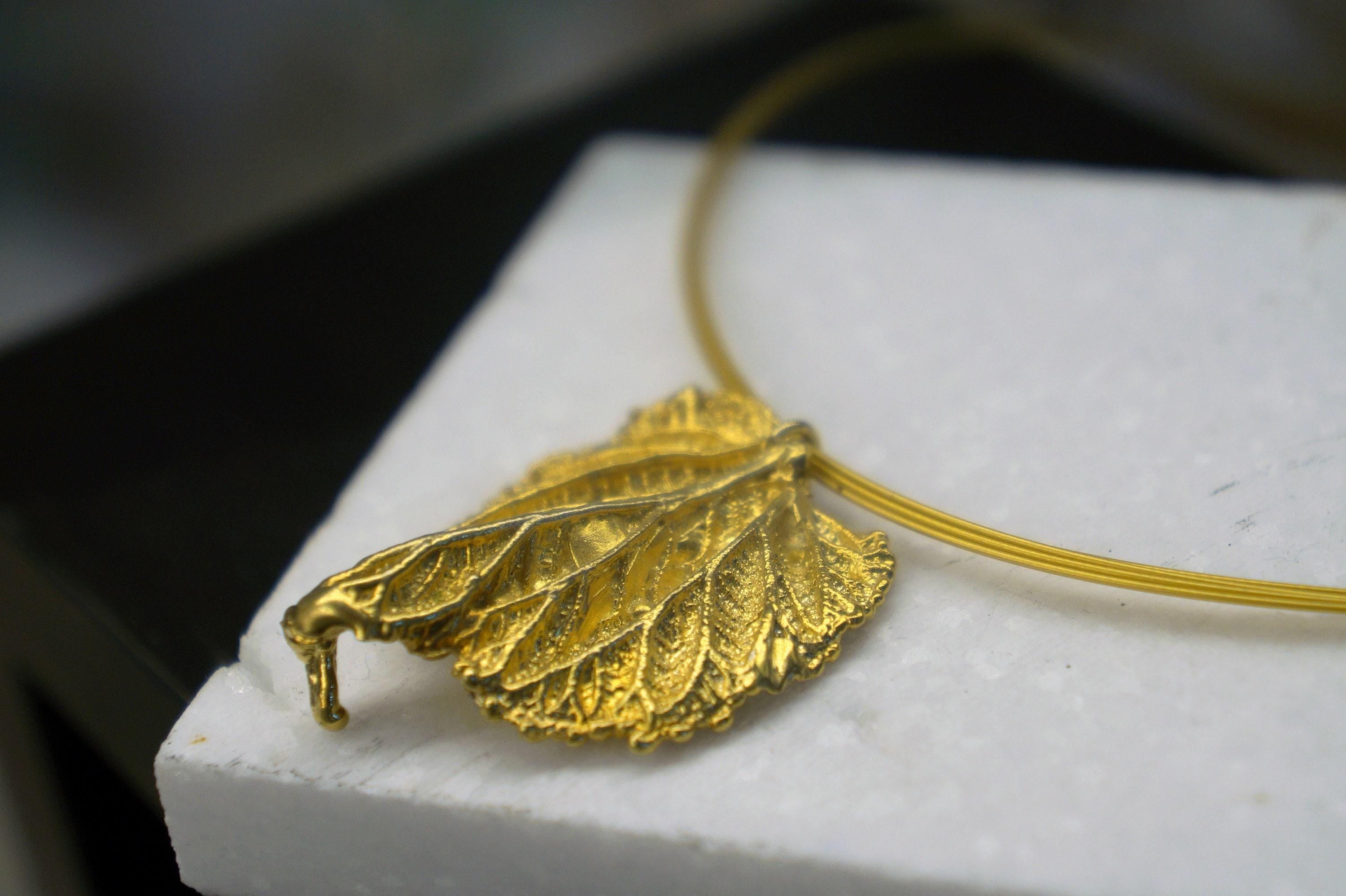 Boho Gold-Plated Brass Necklace: Real Mulberry Leaf, Nature Inspired-1