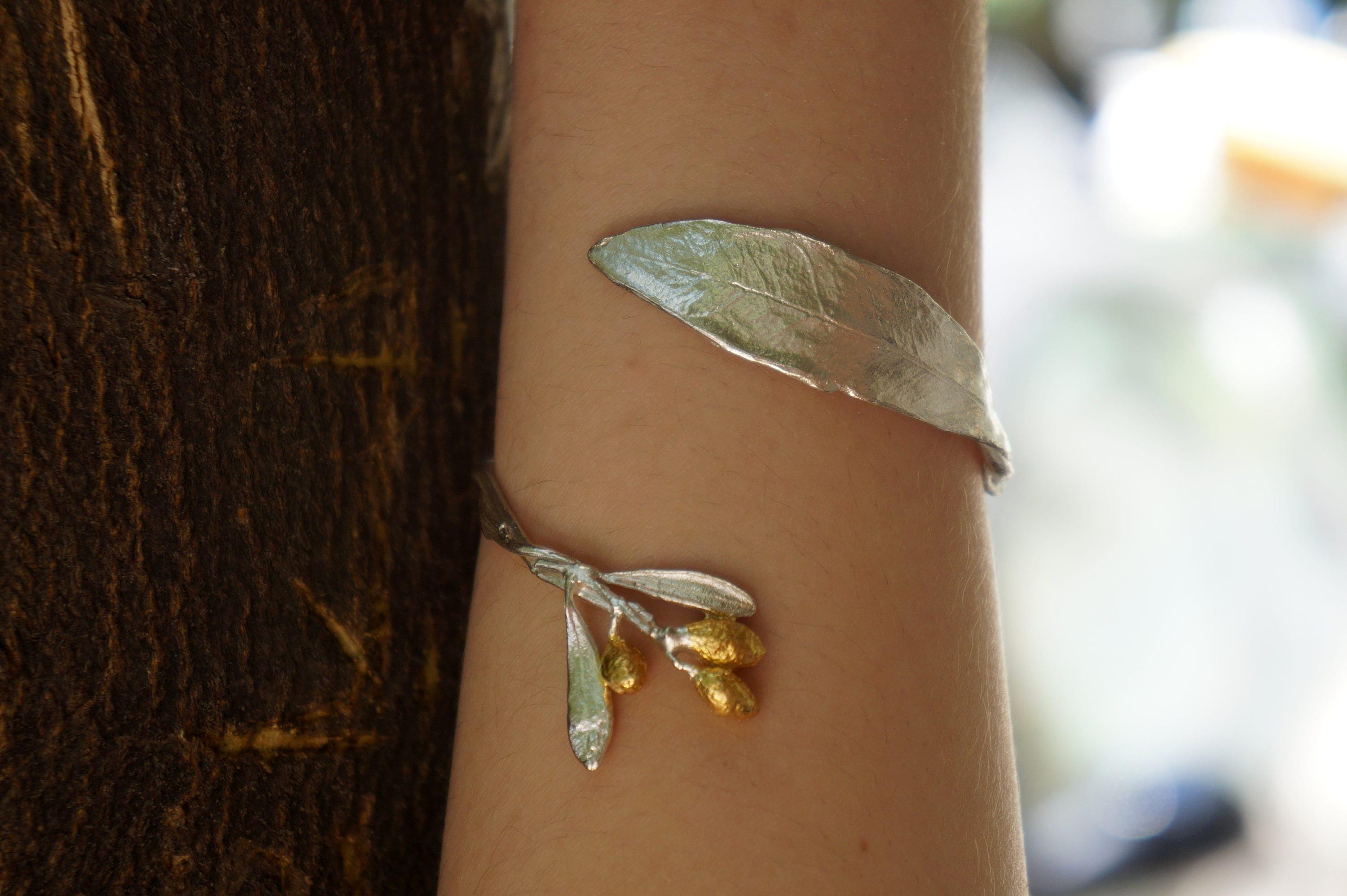 Gold Olive Branch Cuff Bracelet: Adjustable Sterling Silver Bangle-1
