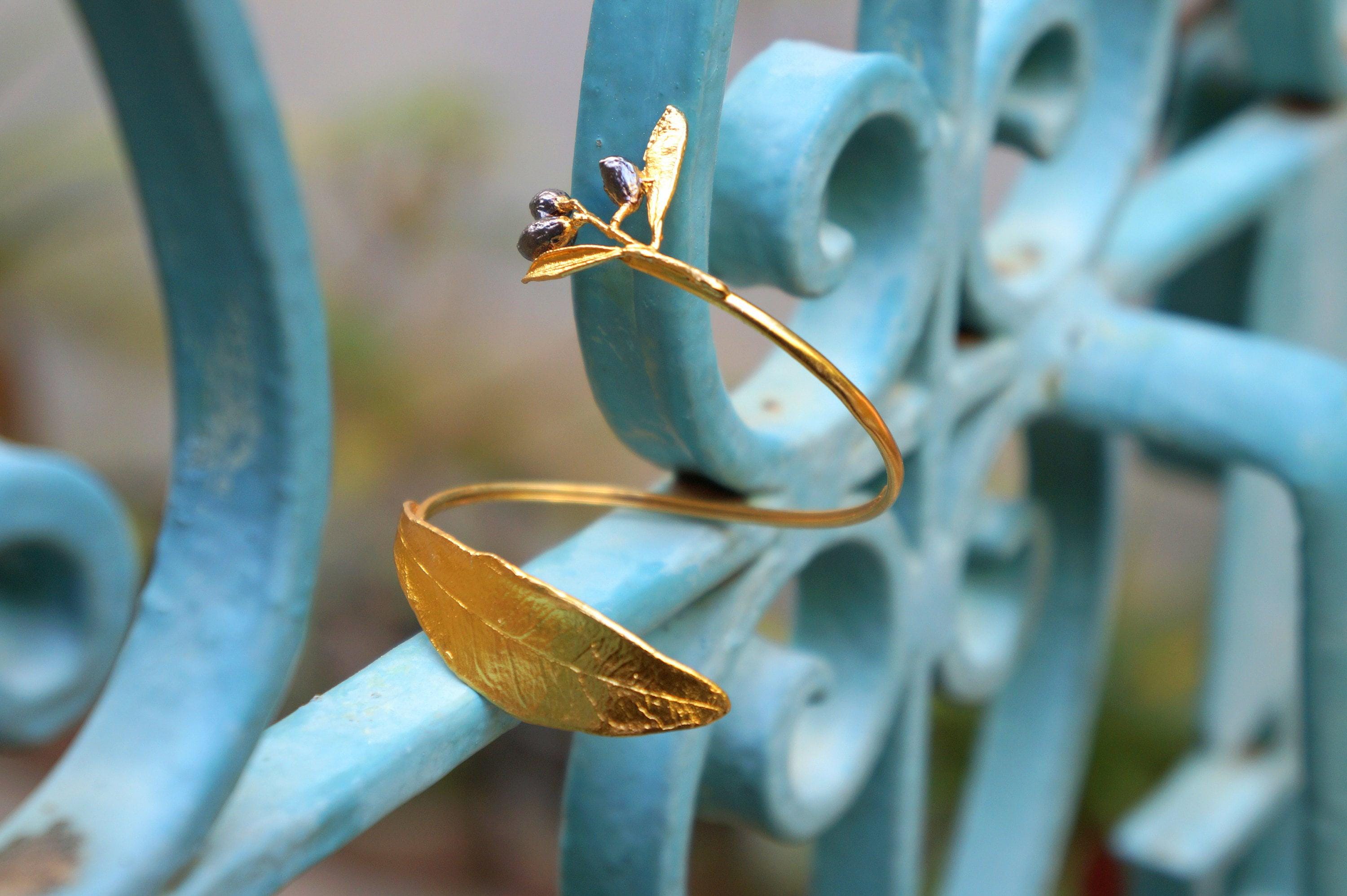 Gold Olive Branch Cuff Bracelet: Adjustable Sterling Silver Bangle-2