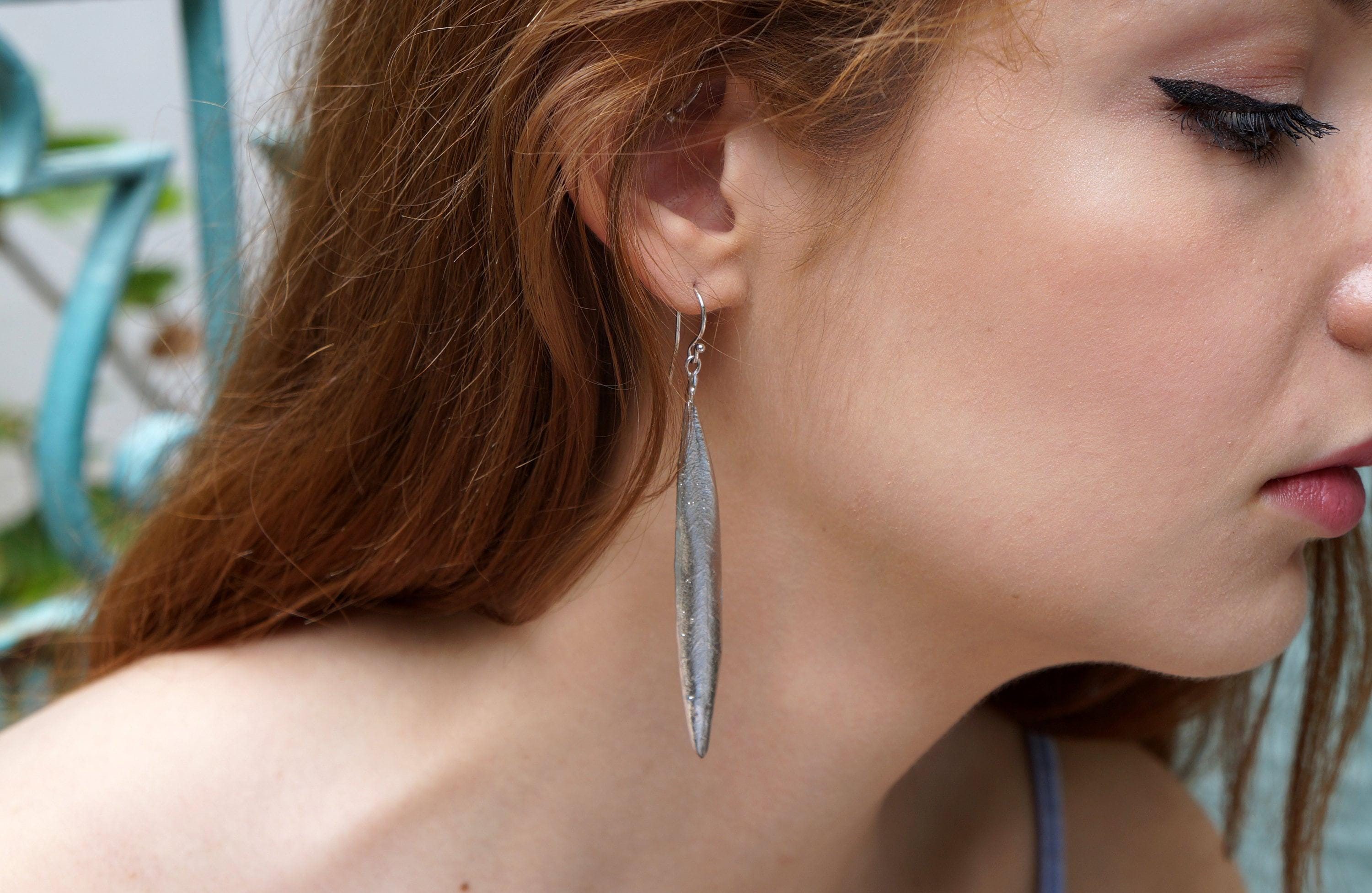 Nature-Inspired Olive Leaf Earrings, Sterling Silver (Long Dangle)-2