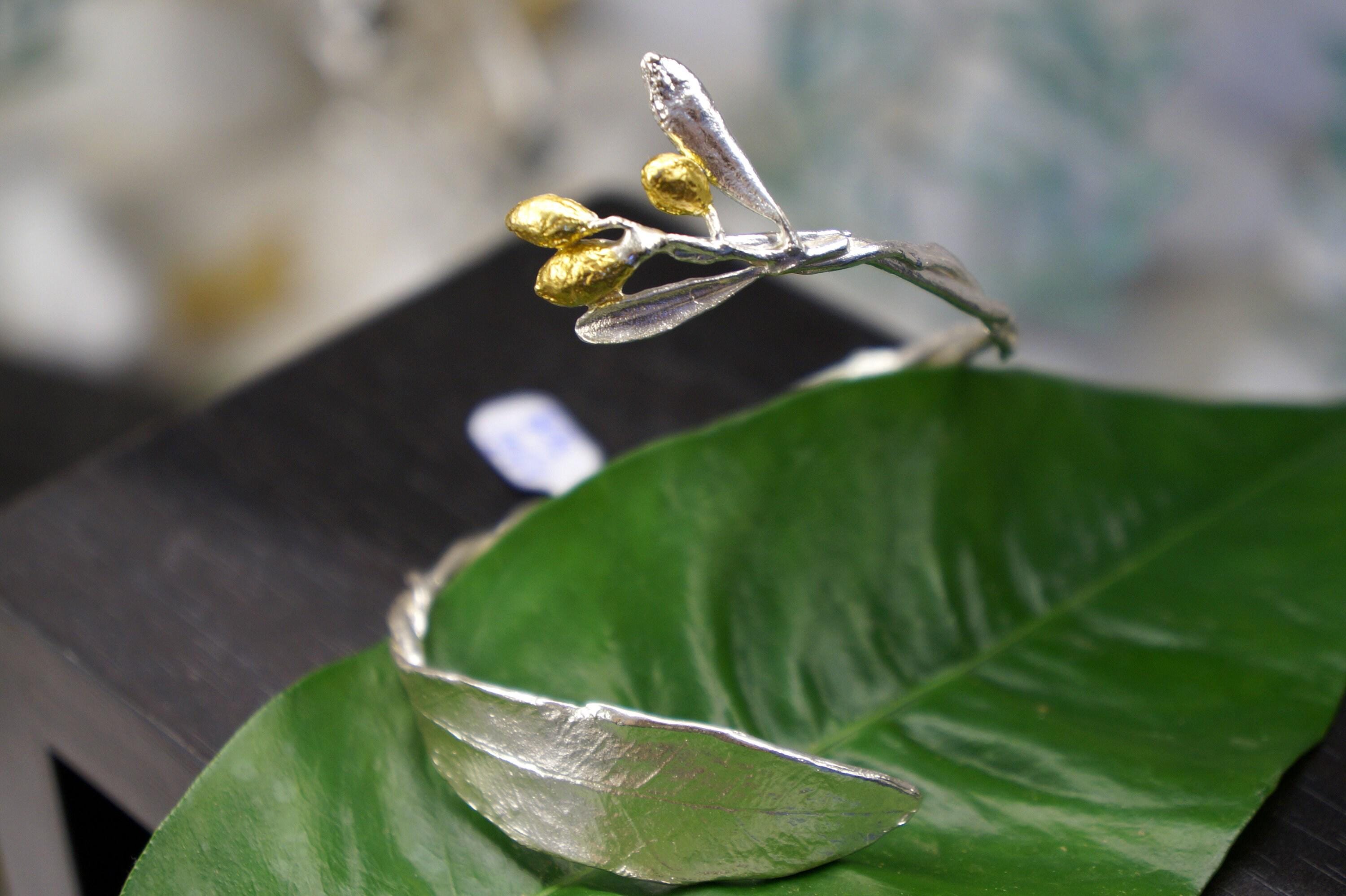 Gold Olive Branch Cuff Bracelet: Adjustable Sterling Silver Bangle-3
