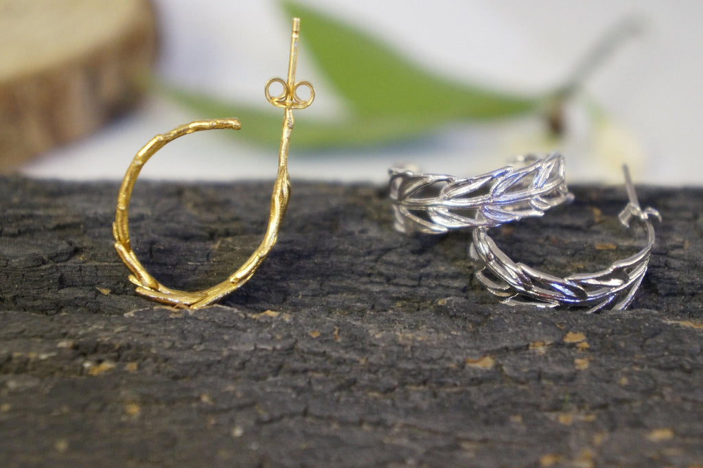 Gold Hoop Earrings with Real Acacia Leaves - Sterling Silver Detail-1