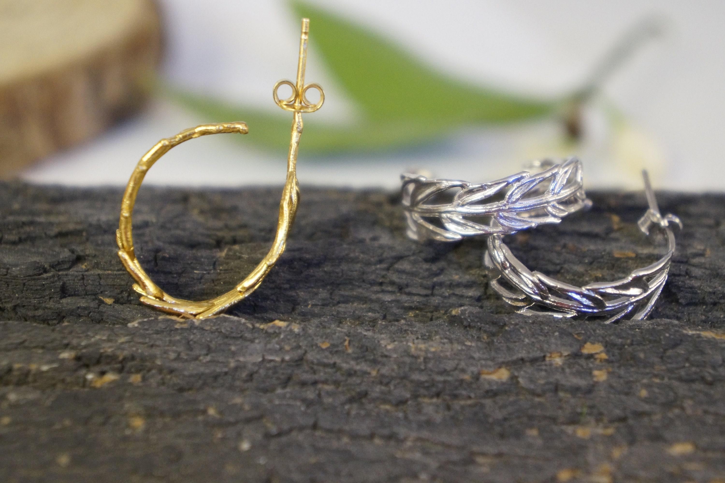Gold Hoop Earrings with Real Acacia Leaves - Sterling Silver Detail-1
