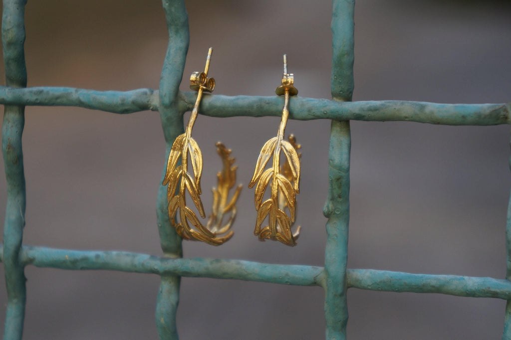 Gold Hoop Earrings with Real Acacia Leaves - Sterling Silver Detail-3