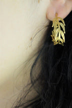 Gold Hoop Earrings with Real Acacia Leaves - Sterling Silver Detail-4
