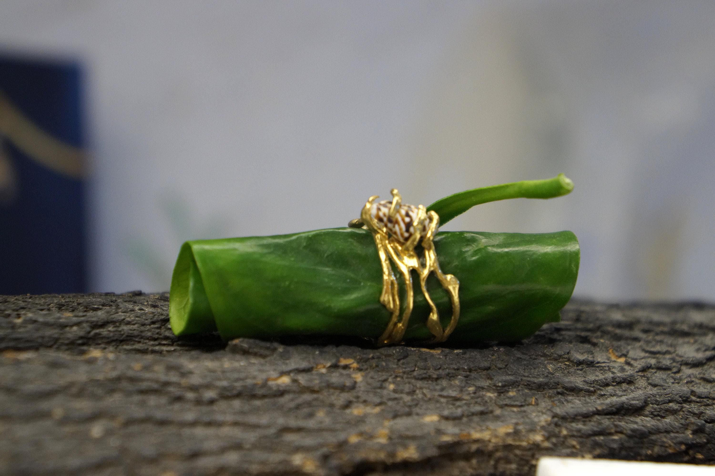 Jasmine Twig Ring: Real Sea Shell Accent (Sterling Silver, Gold Plated)-1