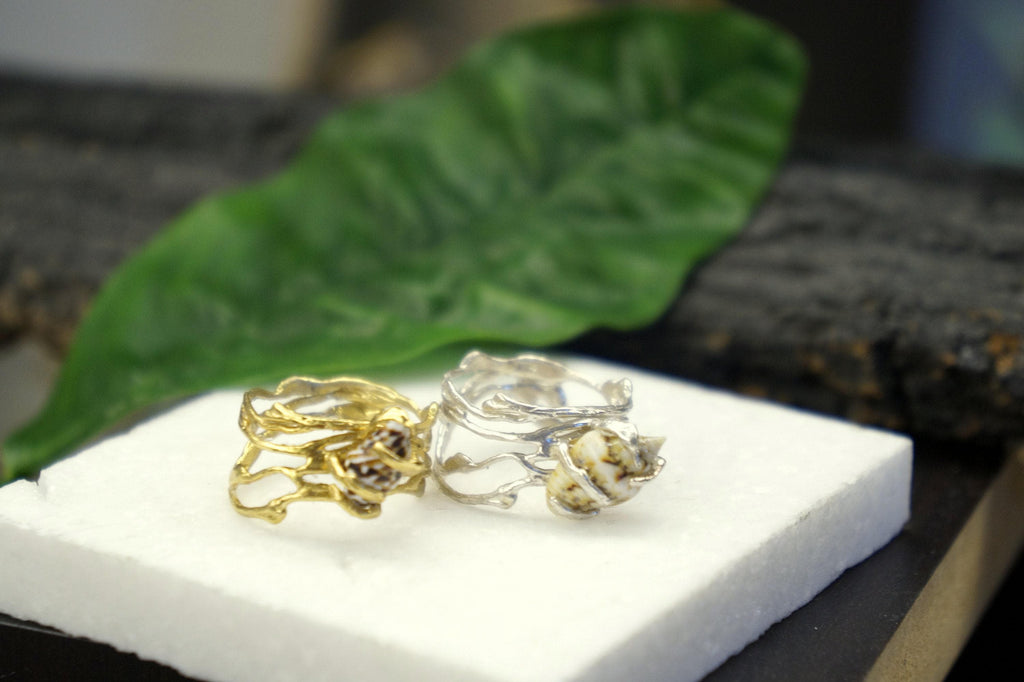 Jasmine Twig Ring: Real Sea Shell Accent (Sterling Silver, Gold Plated)-2