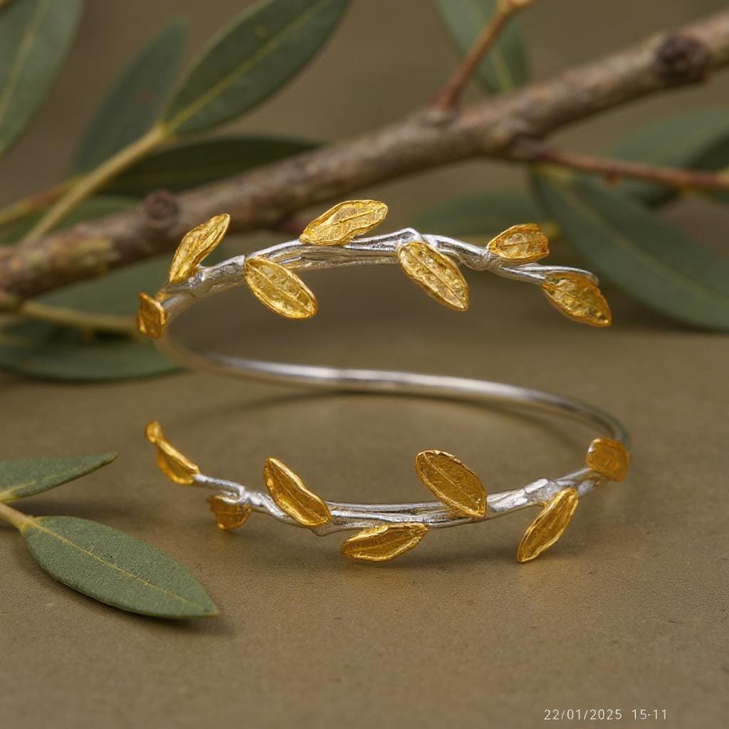 Olive Leaf Bracelet: Artisan Crafted Eco Jewelry (Silver, Gold Plated)-0