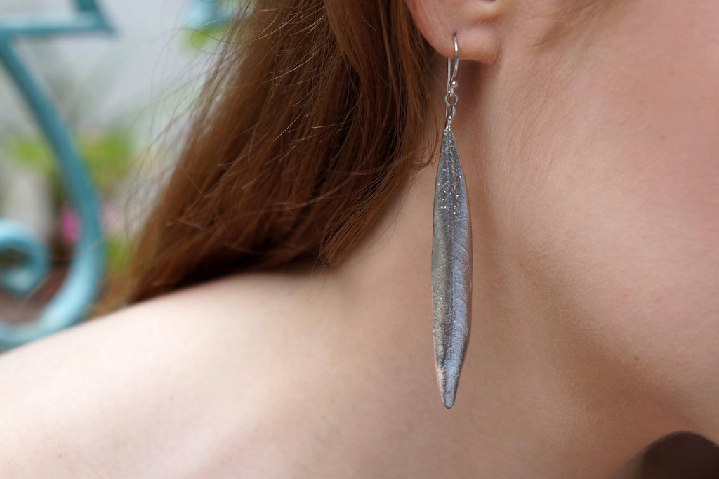 Nature-Inspired Olive Leaf Earrings, Sterling Silver (Long Dangle)-4
