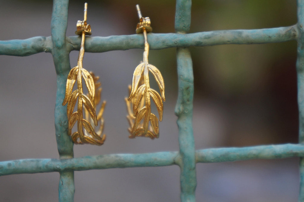Gold Hoop Earrings with Real Acacia Leaves - Sterling Silver Detail-2