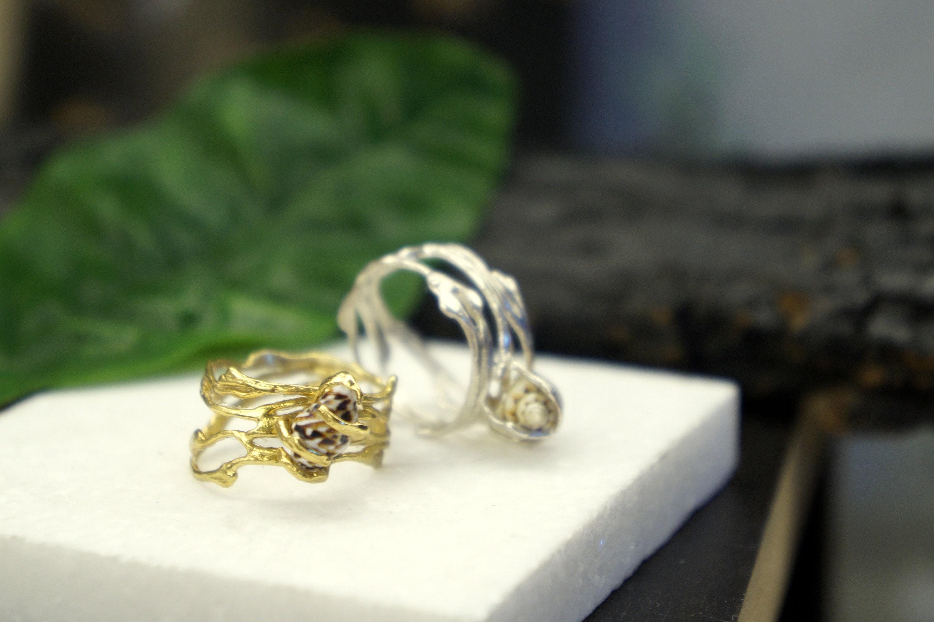 Jasmine Twig Ring: Real Sea Shell Accent (Sterling Silver, Gold Plated)-3