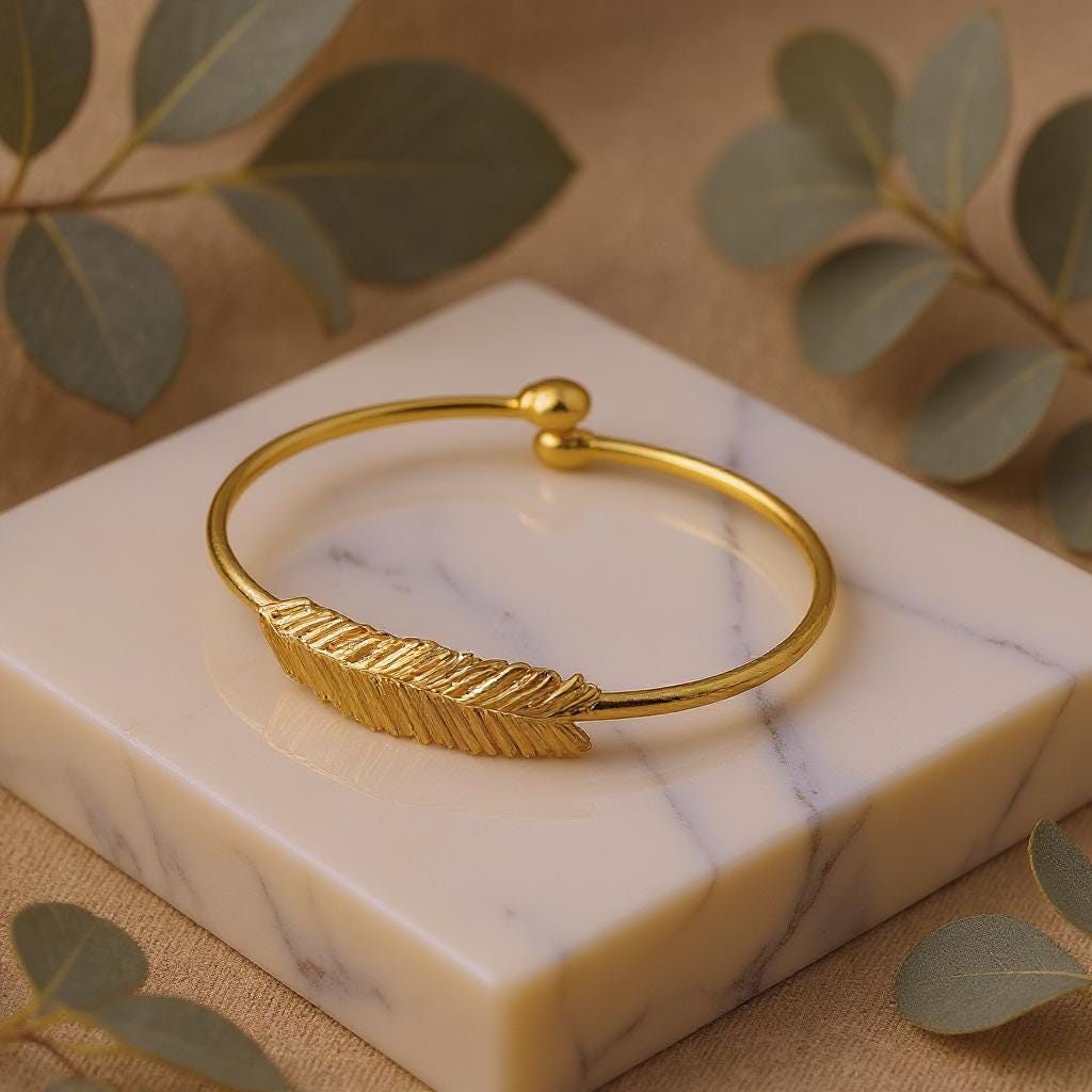 14k Gold-Plated Brass Bracelet, Nature Inspired Leaf Design-0